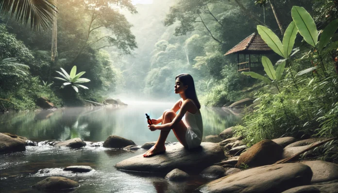 A young woman sits peacefully by a river surrounded by lush greenery and morning mist, holding a CBD oil bottle and reflecting in a tranquil natural setting.