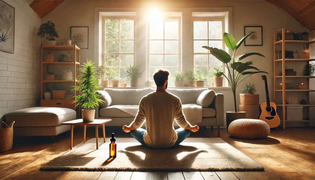 A man meditates cross-legged on a cozy rug in a sunlit living room, with a CBD oil bottle and plant nearby, creating a calm and introspective atmosphere.