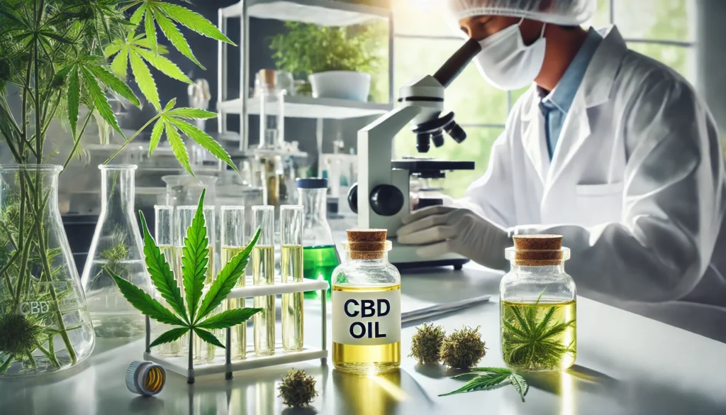 A researcher in a lab coat studies CBD oil under a microscope, surrounded by hemp leaves and scientific equipment in a bright, clean laboratory.