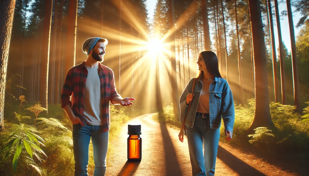 Two friends walk along a sunlit forest path in the afternoon, smiling and talking as one holds a CBD oil bottle, symbolizing natural emotional support and connection.