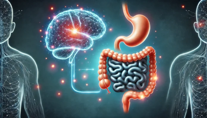 Conceptual medical illustration showing a glowing brain connected to the digestive tract by neural energy, surrounded by probiotics and soft particles, symbolizing the gut-brain connection.