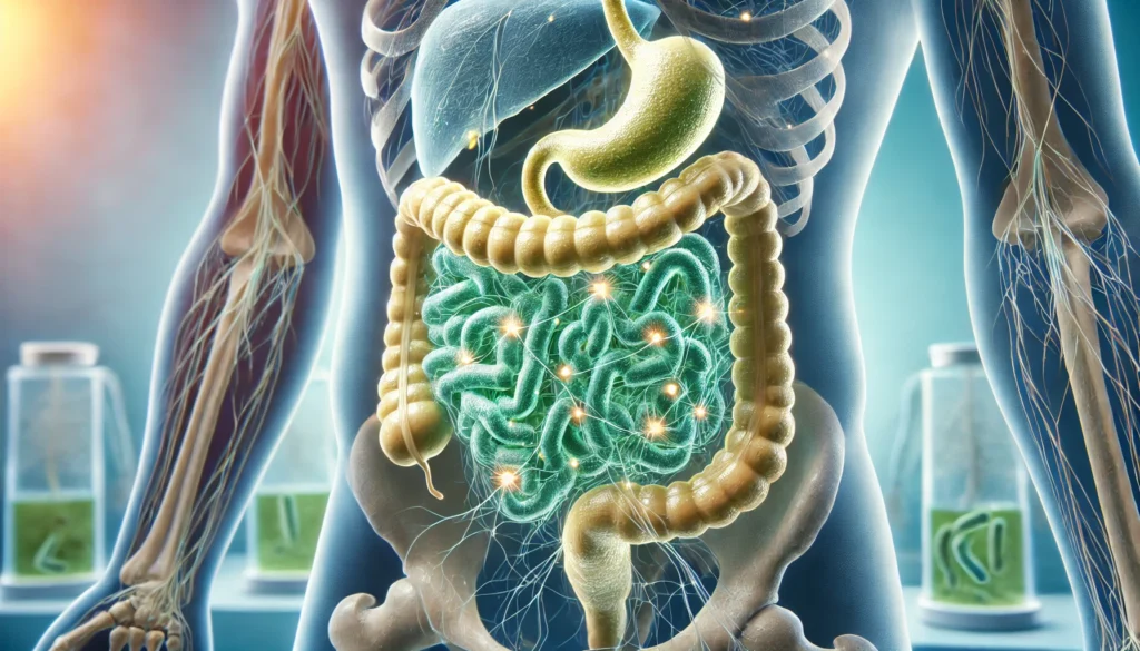 High-detail 3D render of glowing probiotics inside the intestines, with neural pathways extending toward the brain, highlighting the interaction between gut microbiota and brain health.