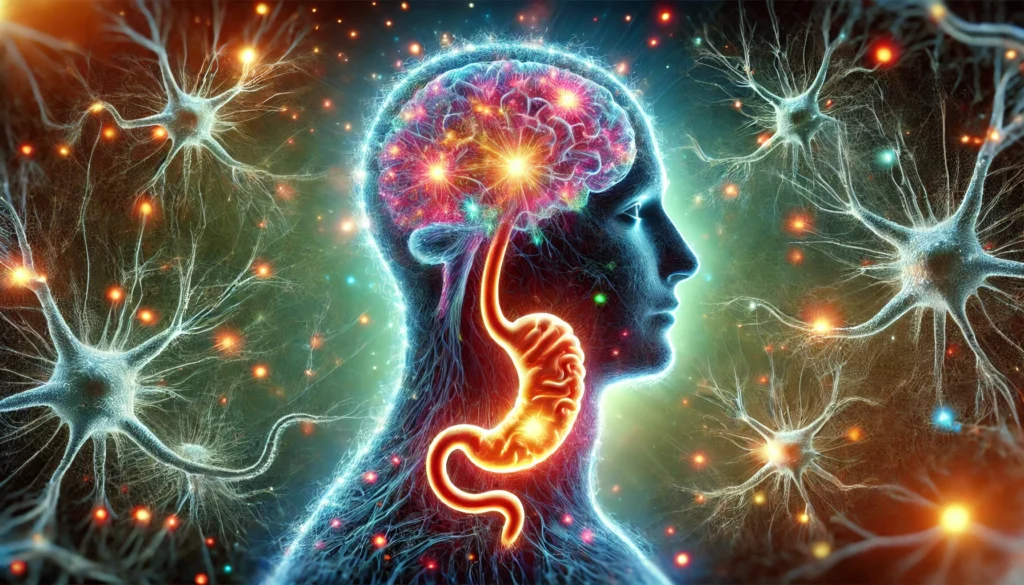 Symbolic digital artwork of a human head composed of neurons and gut-like patterns, radiating colorful energy to represent the gut-brain axis and probiotic impact on cognition.