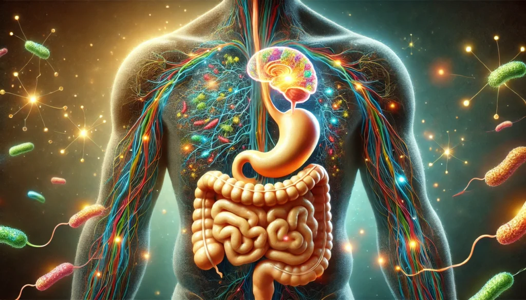 Artistic cross-section of a human torso with glowing gut bacteria and an illuminated brain, connected by energy pathways to depict the vital link between digestive and cognitive health.