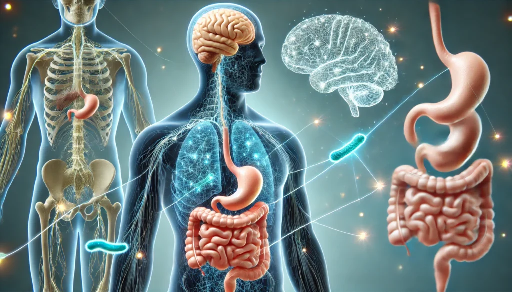 Artistic visualization of the human brain and digestive system connected by neural pathways, symbolizing the biological network of the gut-brain axis in a clean, medical aesthetic.