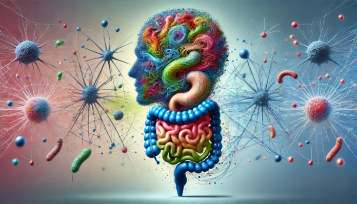 Abstract conceptual image of gut microbiota and neural synapses intertwined in vibrant colors, depicting the microbiota gut brain connection and its role in cognitive health.