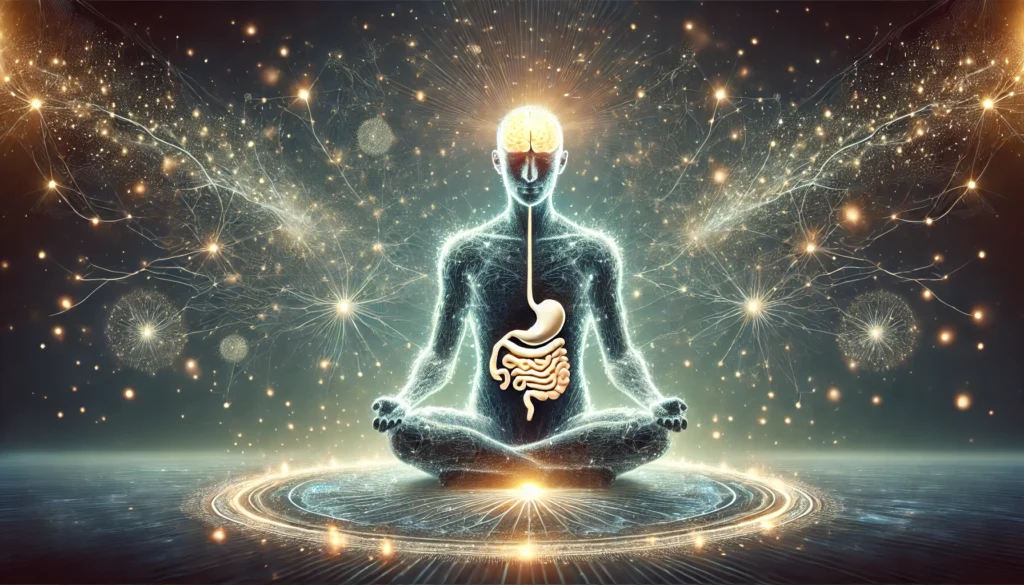 Serene depiction of a meditating human figure with illuminated gut and brain linked by light-based nerve pathways, representing the mind gut connection and emotional balance.