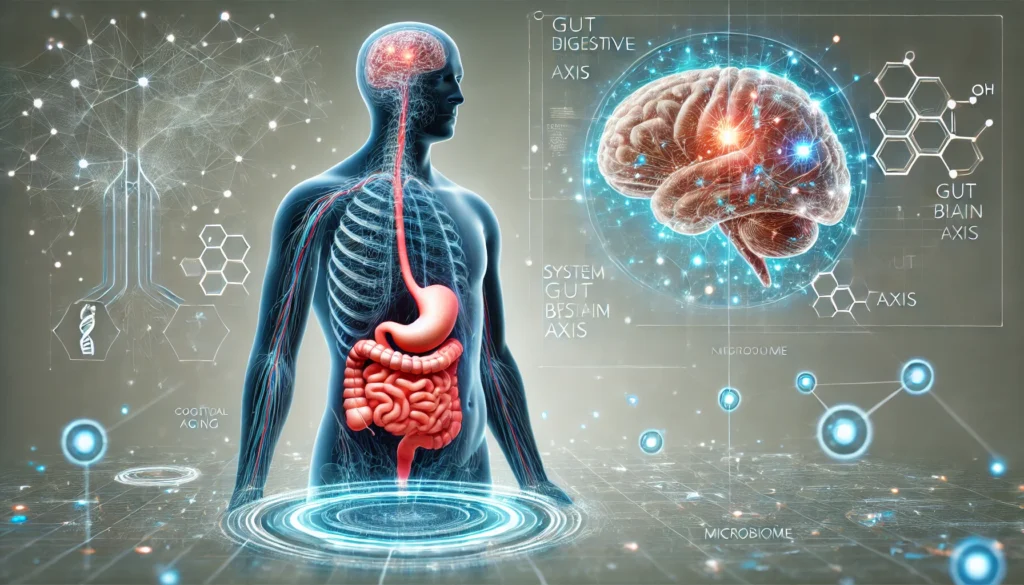 Futuristic clinical illustration of the brain and gut linked by digital neural circuits and transparent overlays, highlighting scientific research on the gut brain axis and cognitive aging.