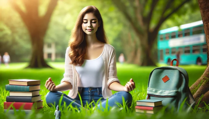 College student meditating peacefully outdoors in a green park with books and a backpack in the background, symbolizing calmness and academic mindfulness.