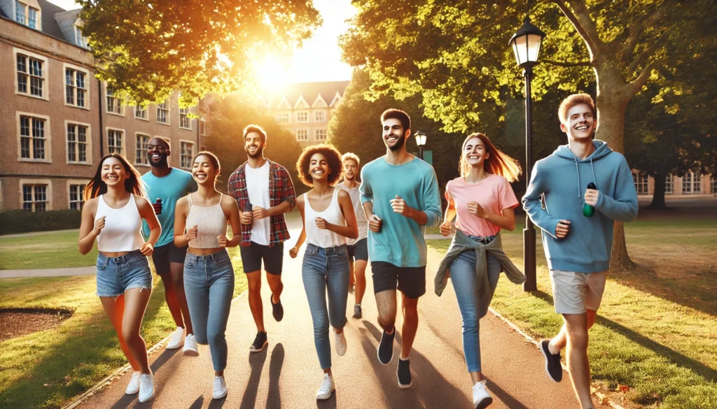 Group of diverse university students jogging on a tree-lined path at sunset, representing physical activity for stress relief and brain health.