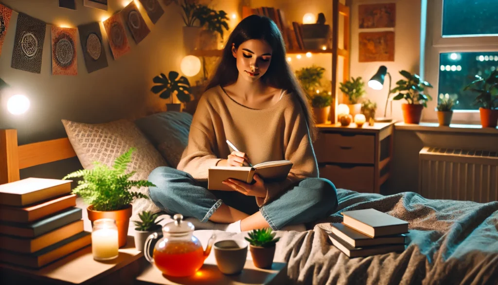 Student journaling with herbal tea in a warmly lit dorm room, reflecting mindful evening routines and emotional wellness.