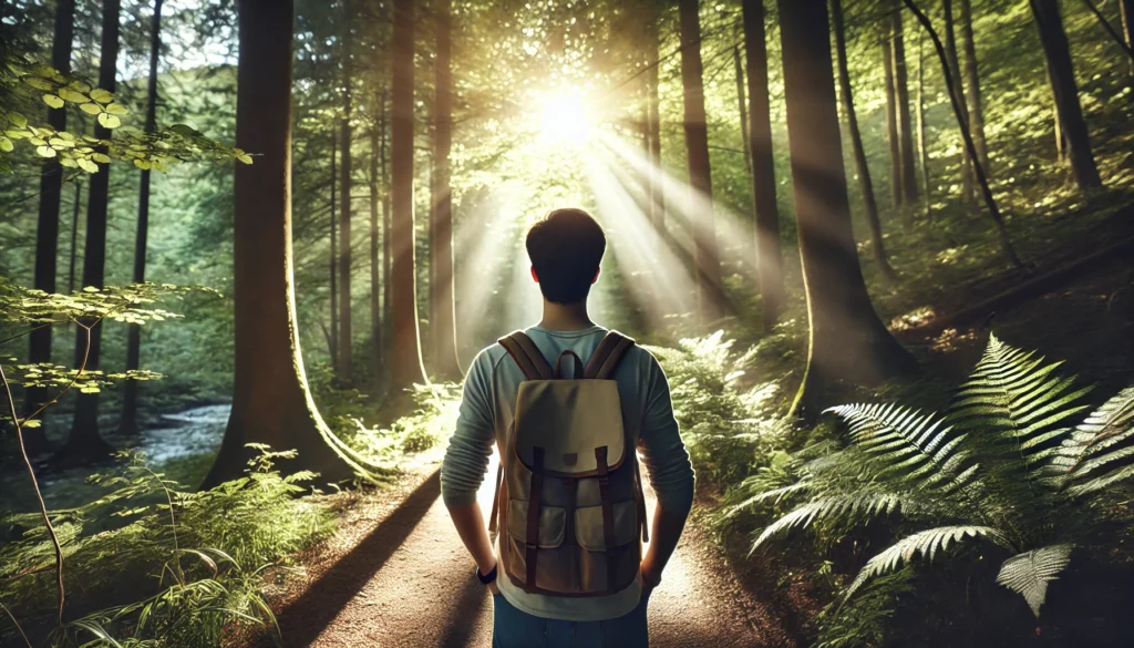 Student walking through a sunlit forest trail wearing a backpack, evoking solitude, nature therapy, and mental clarity.