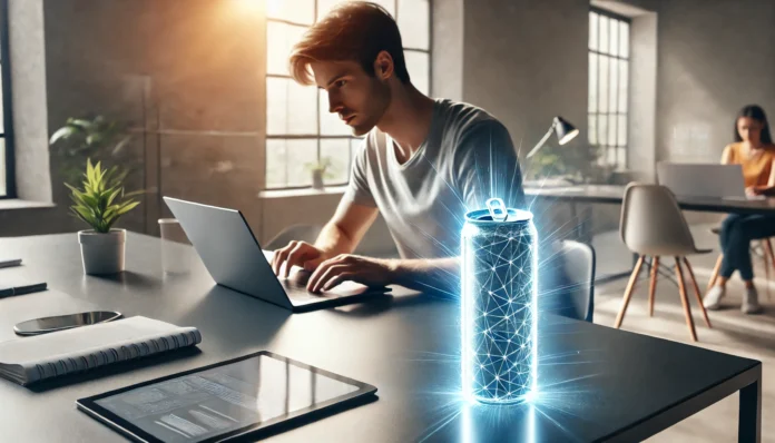 A focused individual working at a sleek, modern desk with natural light, energized by a glowing energy drink can, symbolizing improved mental clarity and productivity.
