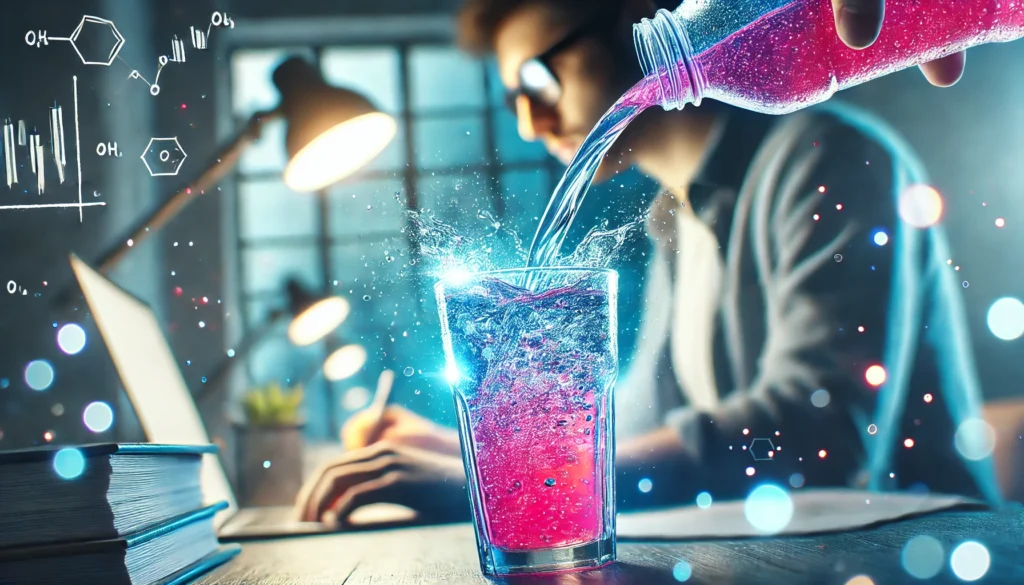 A vibrant energy drink being poured into a glass with icy condensation, set against a blurred background of a person intently working at a desk, representing enhanced cognitive focus.