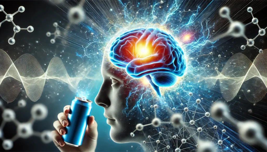 A glowing human brain surrounded by dynamic energy waves and molecules, subtly backed by a blurred energy drink can, visualizing boosted brain function and concentration.