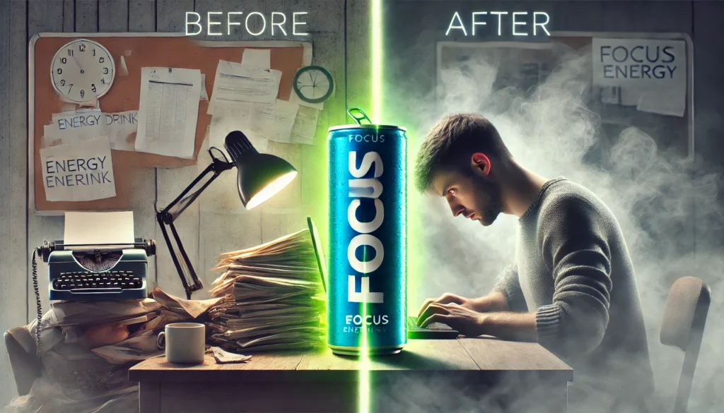 Split-screen comparison of a fatigued person versus the same individual appearing alert and productive after consuming a futuristic energy drink, illustrating mental clarity transformation.