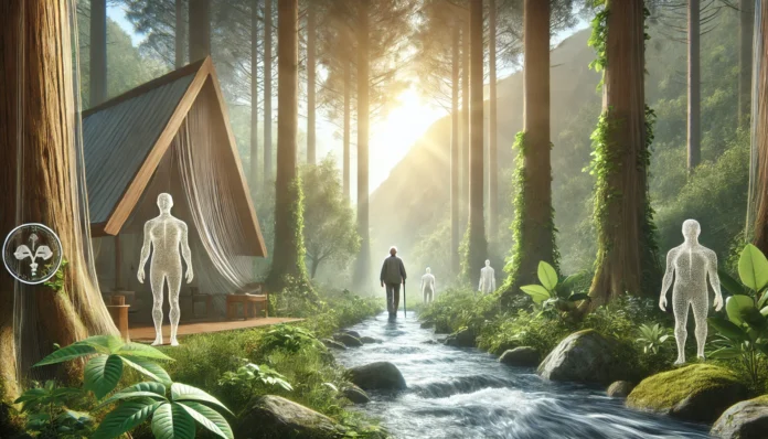 Individual walking through a peaceful forest with morning sunlight filtering through trees, representing nature-based stress relief tools that support emotional balance and healthy aging.