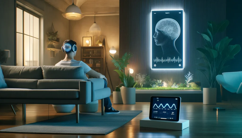 Modern home interior with a person using a wearable brainwave device and tablet displaying neurofeedback data, highlighting the integration of smart technology in stress reduction and brain health optimization.