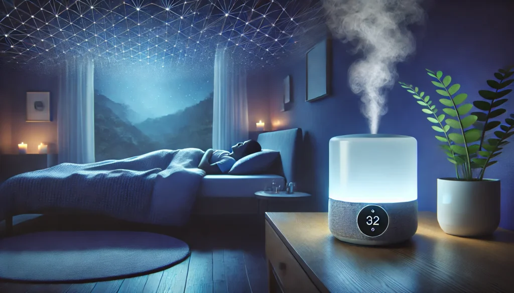 Nighttime bedroom scene with a person sleeping peacefully under soft ambient blue light, wearing a sleep tracker and surrounded by calming sleep aids, visually expressing the role of rest in stress management and longevity.