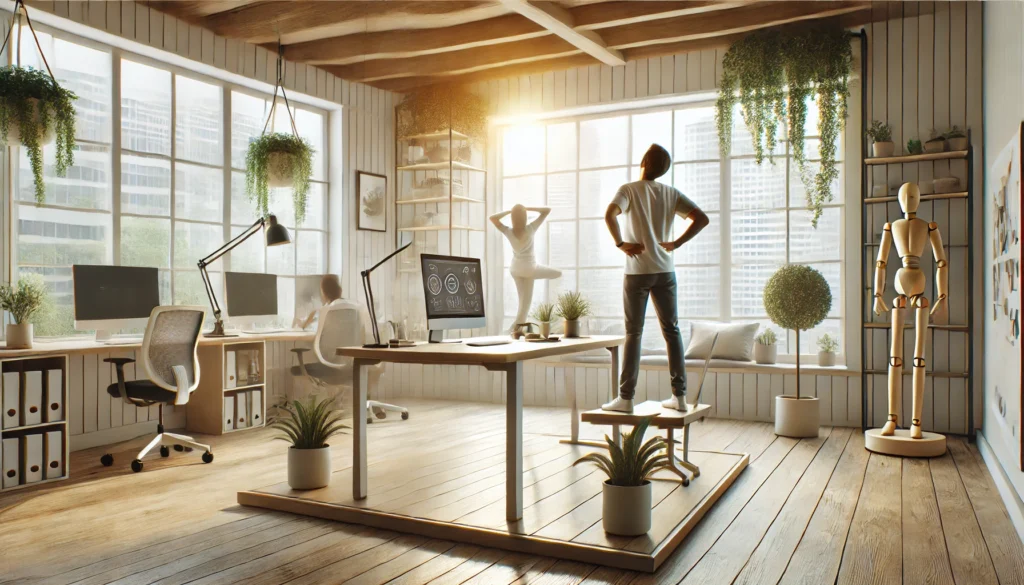 Bright and tranquil workspace with natural light, a standing desk, and a person taking a mindful stretch break—symbolizing how ergonomic environments support stress relief and cognitive performance.
