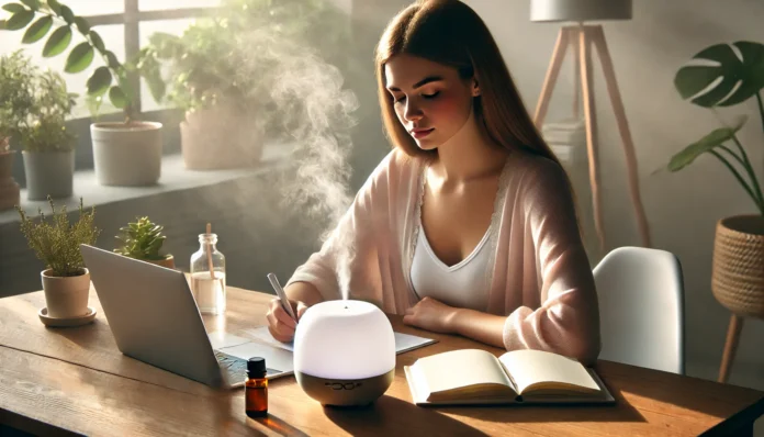 A focused woman working at a serene desk setup with natural lighting, a diffuser emitting essential oil mist, and bottles of oils nearby, symbolizing improved concentration through aromatherapy.