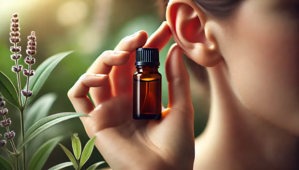Close-up of a hand applying essential oil behind the ear with a tranquil green background, visually demonstrating a common application point for focus-enhancing essential oils.