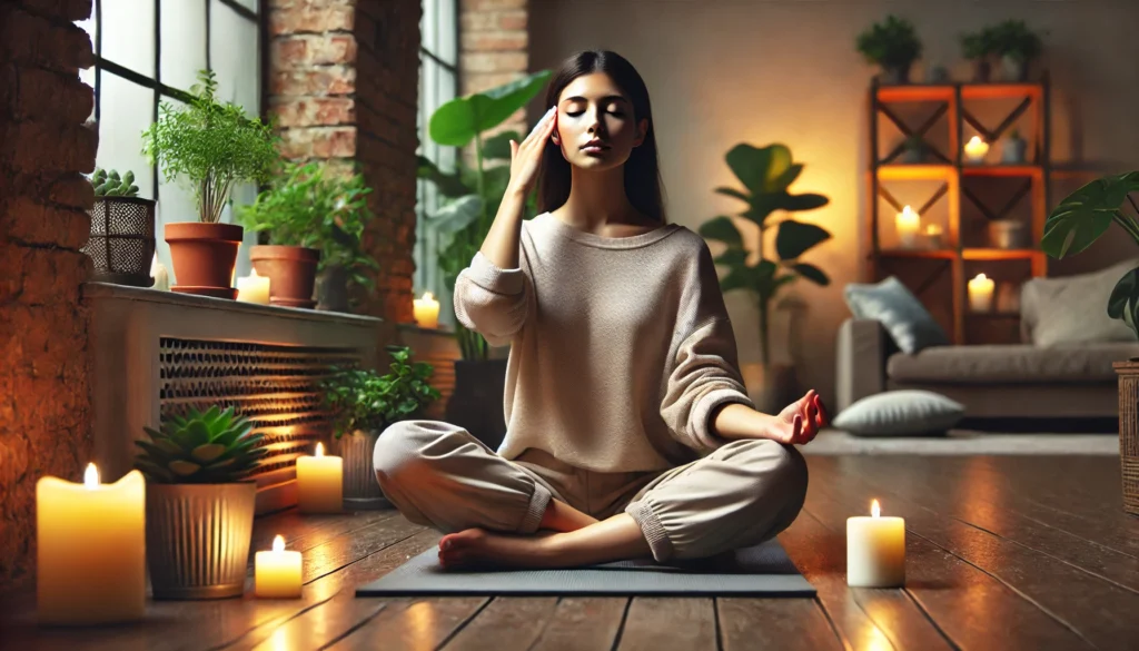 Person meditating indoors with eyes closed while applying essential oil to their temples, surrounded by candles and plants, representing mindfulness and mental clarity.