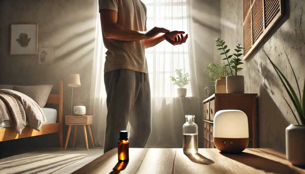 A calm morning scene of a man applying essential oil to his wrists near a sunlit window, with a diffuser and oils on a table, symbolizing preparation for focused productivity