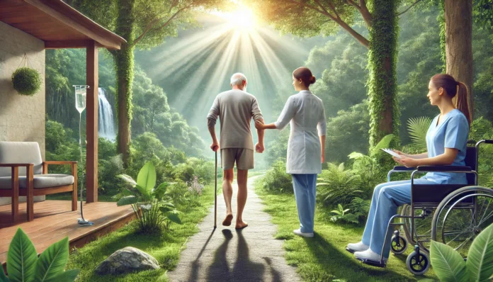 Elderly patient walking through a serene outdoor rehabilitation garden with a therapist, symbolizing long-term brain trauma recovery.