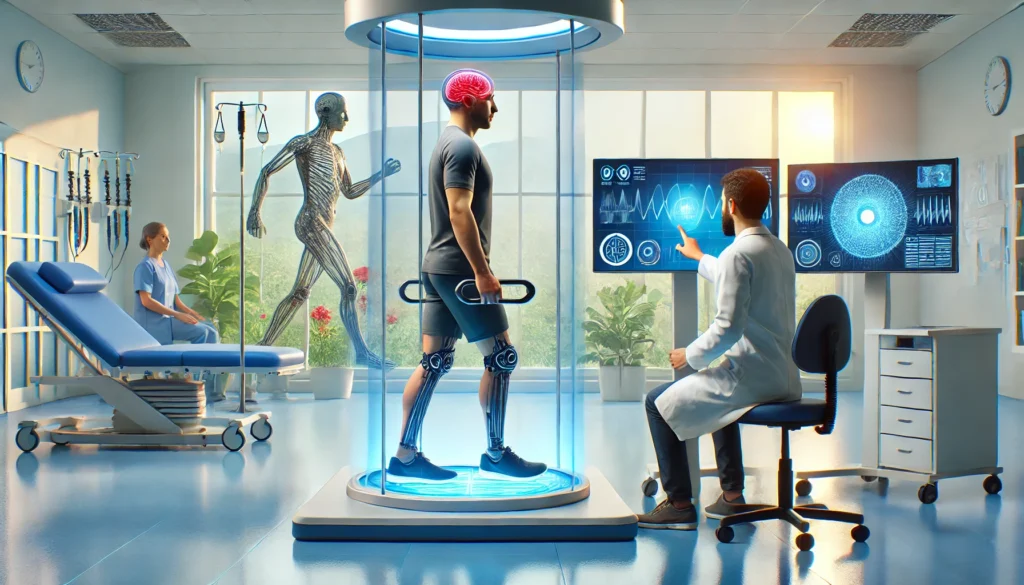 Patient engaged in neurorehabilitation therapy with guidance from a clinician, focusing on balance and coordination recovery.