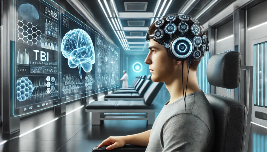 Young adult undergoing cognitive therapy using a brain-computer interface in a futuristic rehabilitation facility, symbolizing innovation in TBI recovery and neurorehabilitation.