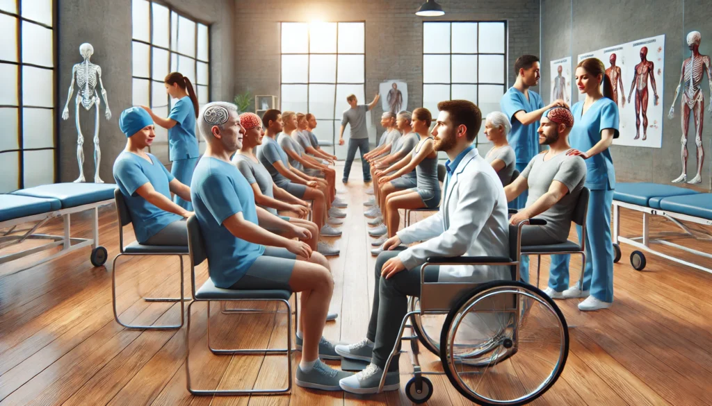 Diverse group of patients participating in a guided neurorehabilitation session, engaging in motor and cognitive exercises for collaborative TBI recovery.