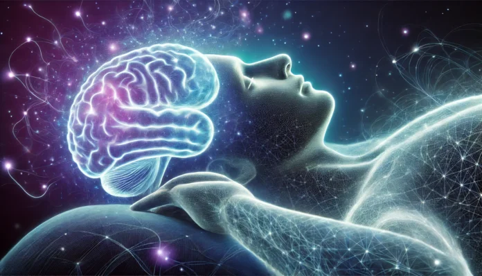 Futuristic visualization of brain regeneration during deep sleep with glowing neural pathways and calming blue hues representing cognitive recovery.