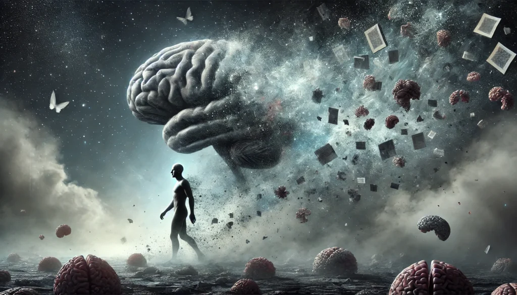 Symbolic scene of cognitive decline showing a person walking through a fragmented brain landscape with memory fragments fading into the mist.