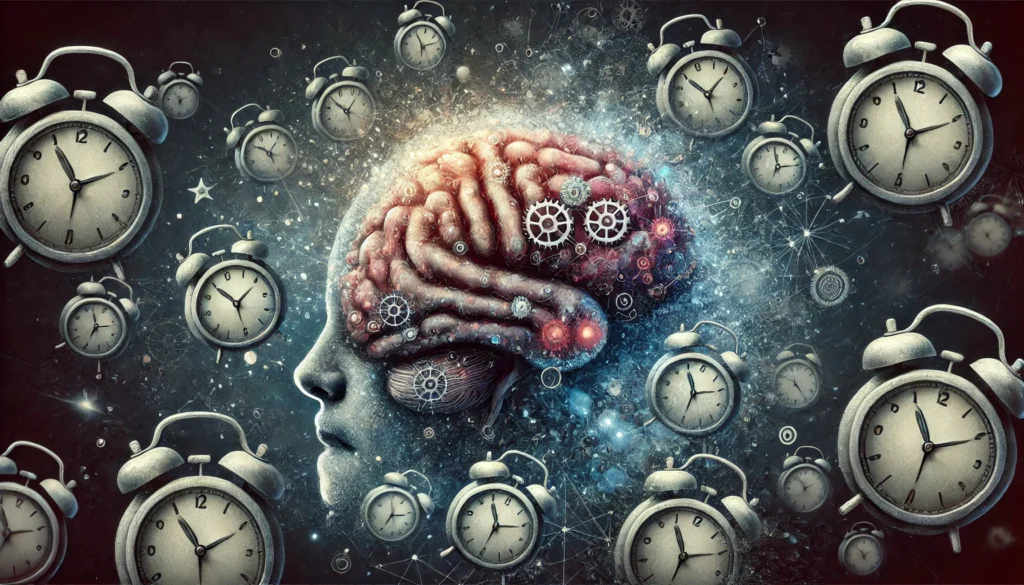 Illustration of a fatigued brain with dim lighting and scattered alarm clocks, depicting the cognitive effects of chronic sleep deprivation.