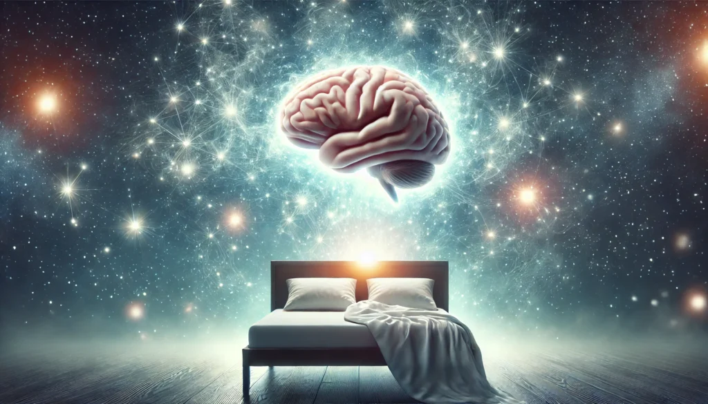 Conceptual image of a glowing human brain floating above a bed surrounded by stars and soft ambient light, symbolizing the link between deep sleep and cognitive restoration.