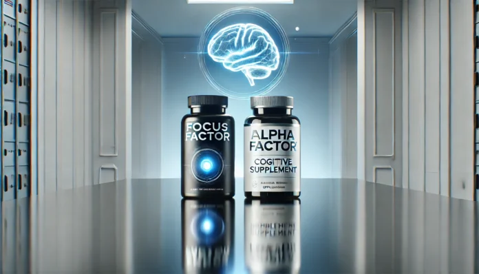 Two cognitive supplement bottles, including Focus Factor and a generic nootropic alternative, displayed on a sleek surface with a glowing holographic brain between them, symbolizing cognitive enhancement.