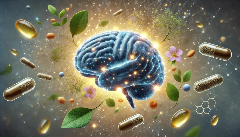 A radiant blue human brain emits golden synaptic sparks, surrounded by floating natural nootropic ingredients like ginkgo biloba, bacopa monnieri, omega-3 capsules, and leaves, representing the science of brain health.