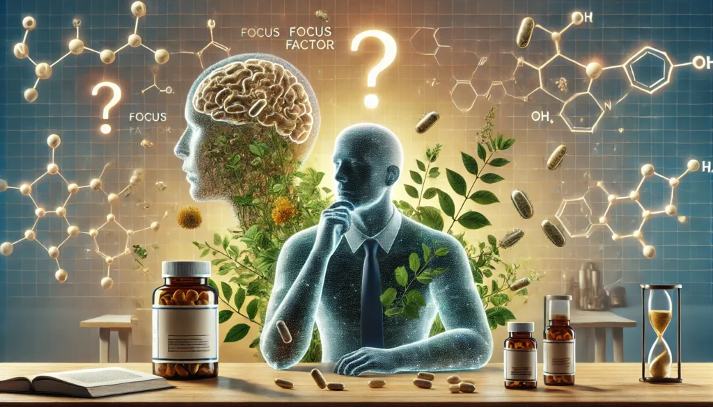 A silhouette of a person at a desk surrounded by floating pills, question marks, and herbal elements, illustrating the debate between synthetic cognitive supplements like Focus Factor and natural alternatives.