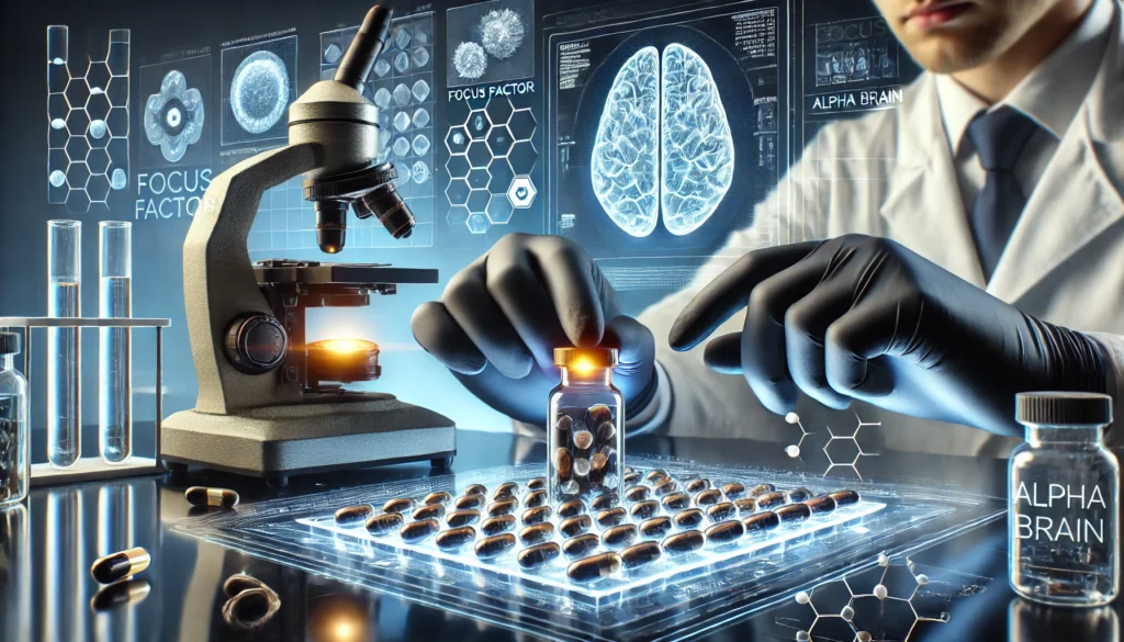 A scientist’s gloved hands examining capsules under a high-tech microscope with brain activity diagrams in the background, depicting expert ingredient analysis of nootropic supplements for cognitive health.