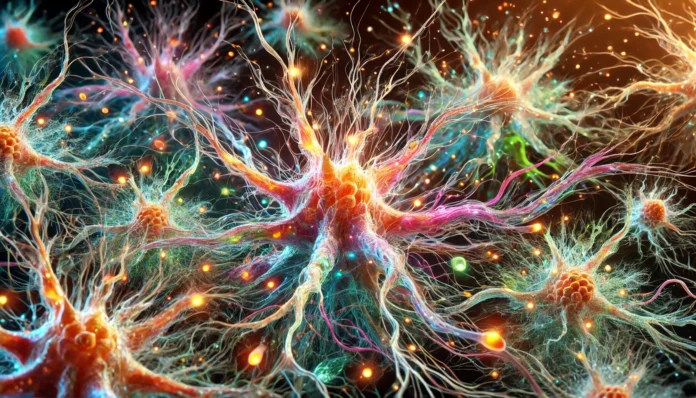 Detailed neural network illustration showing glowing neurons and glial cells interconnected with dendrites, axons, and synapses against a dark background.