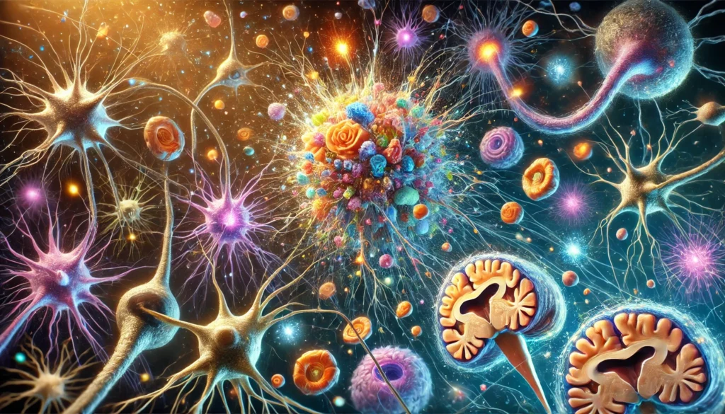 Colorful rendering of diverse brain cell types including Purkinje cells, astrocytes, microglia, and pyramidal neurons in an active neural environment.