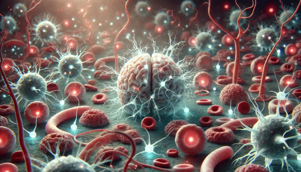 Microscopic-style 3D image depicting neurons, astrocytes, and microglia illuminated by bioluminescent lighting, revealing brain cell complexity.