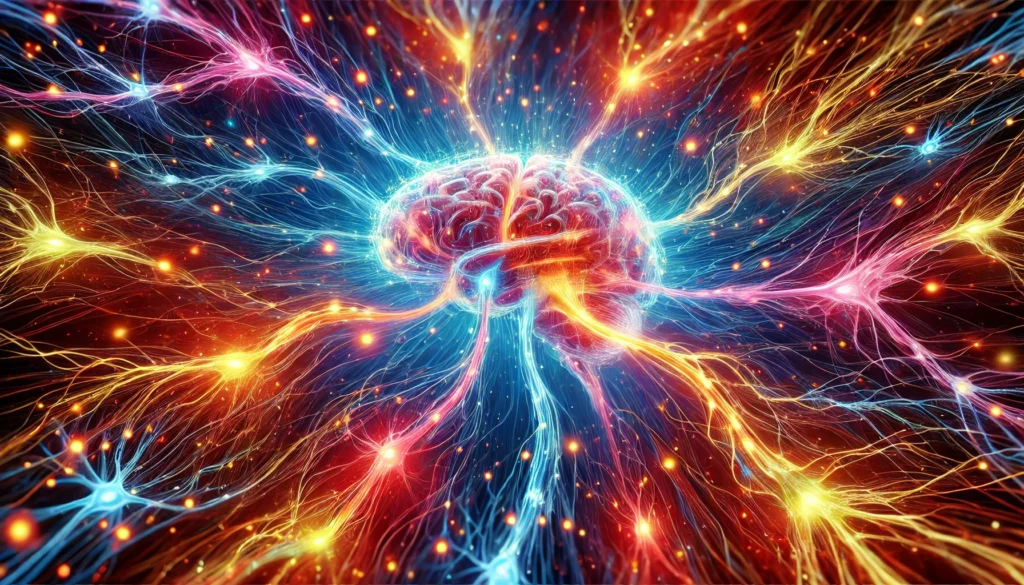 Abstract interpretation of neural communication with electric signals traveling between neurons in a vibrant, synaptically active brain cell network.