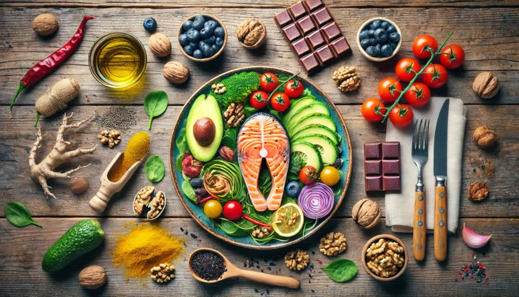 Overhead view of a brain-healthy Mediterranean meal featuring salmon, avocado, leafy greens, blueberries, walnuts, and olive oil, surrounded by brain-boosting ingredients like green tea and turmeric, symbolizing cognitive longevity.
