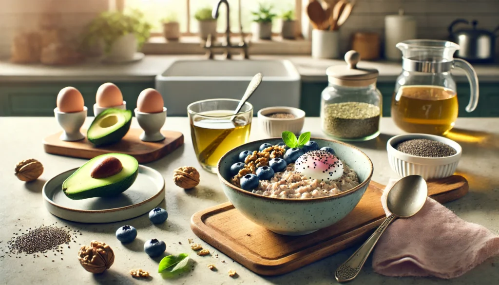 Serene kitchen countertop with a brain-boosting breakfast including oatmeal topped with chia seeds, blueberries, and walnuts, paired with avocado, poached eggs, and green tea, representing mindful eating for cognitive health.