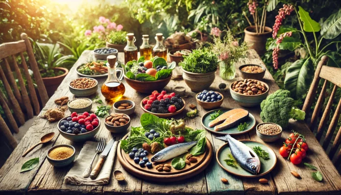 Outdoor table set with brain-friendly foods like oily fish, berries, nuts, leafy greens, and whole grains, in a natural garden setting, emphasizing dietary choices that support long-term brain function and memory.