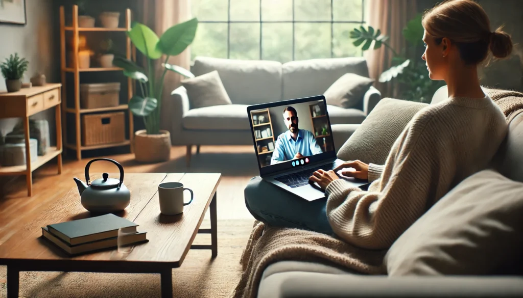 Person sitting on a cozy sofa at home, attending an online therapy session via laptop, surrounded by plants and natural light, symbolizing virtual CBT in a comfortable setting.