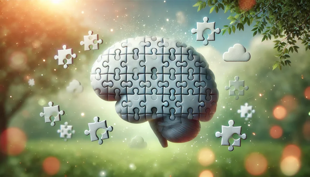 A brain composed of floating puzzle pieces in a peaceful nature setting, visually representing emotional balance and mental clarity achieved through cognitive behavioral therapy.