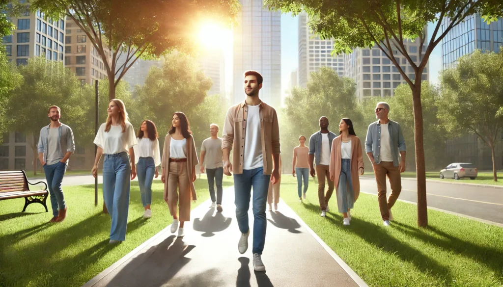 A diverse group of people walking confidently through a sunny urban park, symbolizing healing, growth, and well-being after cognitive behavioral therapy.